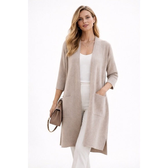 Nap Sweaters - NAP 100% Wool Longline Open Cardigan in Beige S